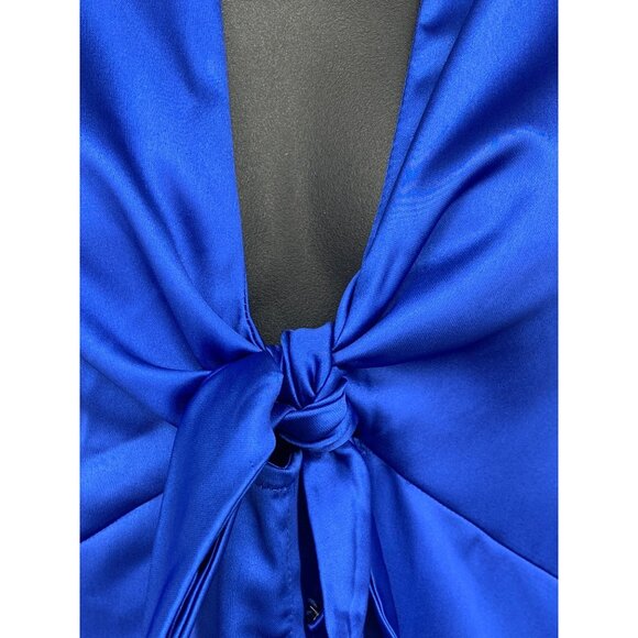 Zara Womens Royal Blue Satin Tie-Front Dress Small Mini V Sheath Sexy New - Picture 4 of 10